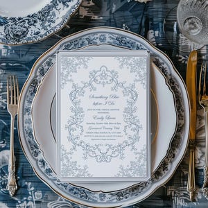Blue floral crest bridal shower invitation Vintage Chinoiserie bridal shower invite, Victorian Something blue bridal shower invite