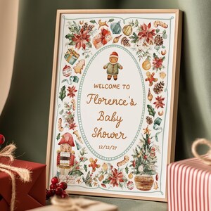 Boy Christmas Gingerbread Baby Shower Welcome Sign | Little Cookie Nutcracker Holiday Red Green Poster Template