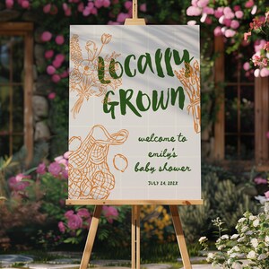 Locally grown Baby Shower welcome sign: Hand drawn fruit Veggies Sprinkle decor, Farmers Market Theme