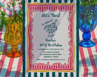 Colorful striped Birthday invitation, Hand-drawn Whimsy Champagne, Modern funky Digital template