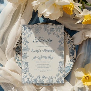 Blue Birthday Invitation toile Chinoiserie birthday invite for any age, Adult birthday party Vintage Dusty blue floral women birthday invite