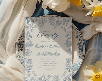 Dusty Blue Toile Birthday Invitation, Chinoiserie Floral Vintage Brunch or Lunchen Party Template