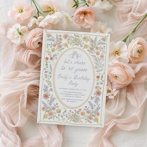 Floral birthday invitation Women birthday brunch, dinner party invitation, Pastel flowers, Handwritten wildflower garden birthday invite