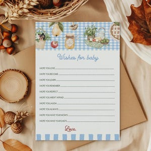 Locally grown Wishes for baby Boy, Fruit veggies Blue gingham Boy Farmers market baby shower Games, Baby wishes card