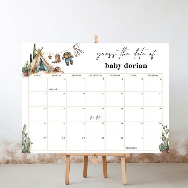Baby due date Calendar Cowboy baby shower decor Pregnancy calendar sign template, Guess Baby's birth date Rodeo baby shower game boy