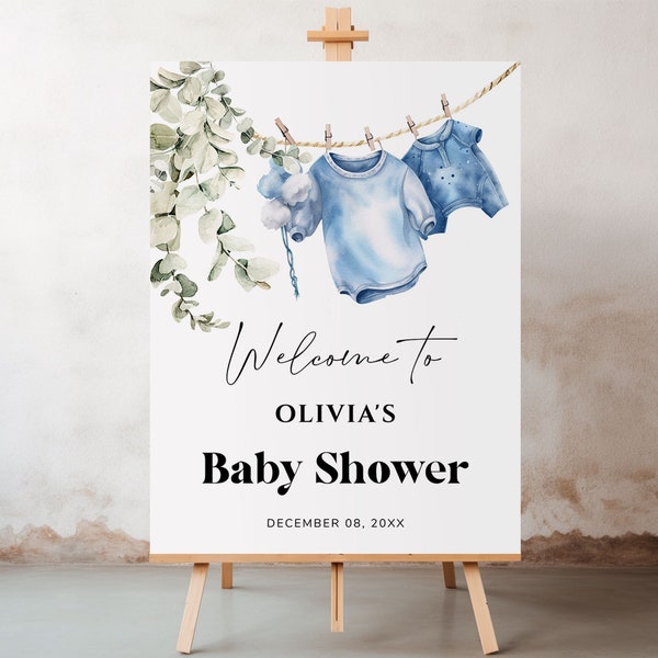 Boy Baby shower Welcome Sign template Blue clothesline welcome poster, Boho nursery shower sign, greenery boy baby clothes shower decor