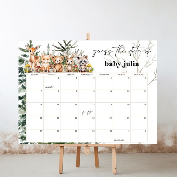 Baby due date Calendar Woodland baby shower sign boy Forest animals baby shower game Pregnancy calendar template Guess Baby's birth date