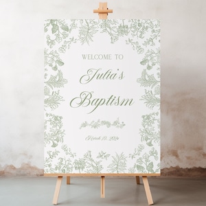 Salbeigrün Toile Taufe Willkommensschild Blumen Vintage Taufe Willkommensschild, Neutral Chinoiserie Willkommensschild Taufe Dekoration