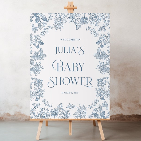 Baby shower welcome sign Dusty blue Chinoiserie Baby shower Sign, Toile de Jouy Vintage floral Baby boy shower decor Toile welcome sign