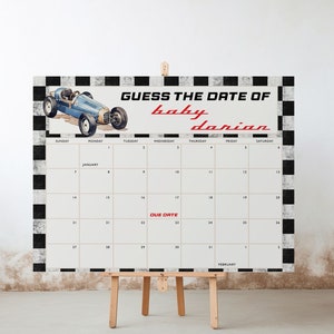 Baby due date Calendar Race car baby shower sign Boy shower game Pregnancy calendar template Vintage racing card Guess Baby's birth date