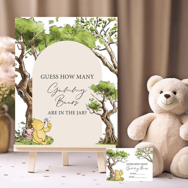 Guess how many gummy bears Winnie the Pooh baby shower game Table decor Neutral Girl boy pooh bear baby shower decorations
