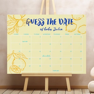 Calendario con fecha de parto prevista del bebé de limón Decoración de baby shower de cítricos mediterráneos dibujada a mano Letrero de calendario de embarazo Juego de adivinar la fecha de nacimiento del bebé