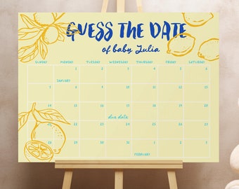 Calendario delle date di scadenza per il baby shower "Ciao al limone mediterraneo": poster del gioco degli agrumi gialli