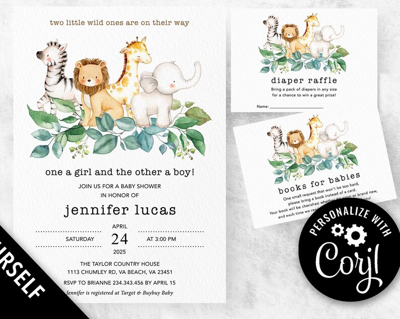Twins safari baby shower invitation template jungle baby shower invite set safari baby shower invitation twins