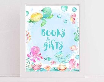 Books and Gifts Sign Under the sea baby shower decoration, Under the sea party table sign, Ocean Sea Turtle baby shower sign