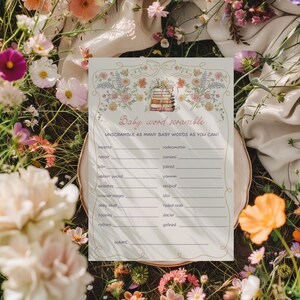 Baby word scramble game Storybook baby shower game Girl floral Book theme party decor, Wildflower New chapter baby shower game