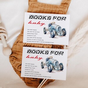 Jongensboeken voor babykaart Babyshower racewagen Breng een boek mee in plaats van een kaart, vintage racewagenboekverzoekkaart