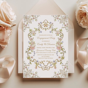 Vintage bloemen uitnodiging verlovingsfeest, goudroze blauw embleem tuinfeestsjabloon