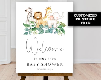 Safari baby shower welcome sign Jungle Welcome sign PRINTABLE, girl baby shower decoration greenery zoo animals Baby shower decor