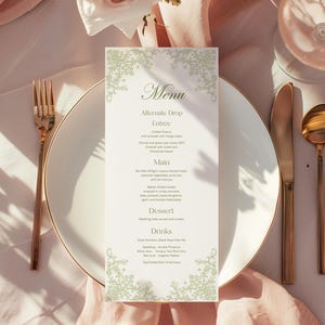 Groene bloemen menukaart Chinoiserie bruiloft menusjabloon, Franse tuin babyshower, vintage bruids douche, klassiek elegant doopmenu