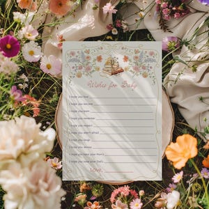 Tarjeta de deseos para un nuevo capítulo del bebé, deseos para una niña, decoración floral para fiesta temática de libro, juego de baby shower con tema de libro de cuentos de flores silvestres.