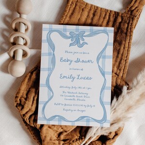 Hand drawn Blue bow baby shower invitation Handwritten Boy shower invite, Illustrated Gingham ribbon, Whimsical Gingham baby shower invite