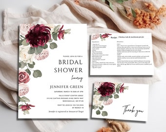 Floral Bridal shower invitation sage green pink burgundy floral bridal shower invite with recipe card, thank you card template
