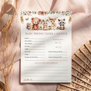 Prédictions et carte de conseils pour bébé des bois, jeux de baby shower animaux de la forêt, baby shower floral fille des bois