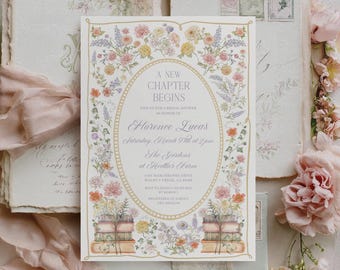 Een nieuw hoofdstuk bruidsdoucheuitnodiging Bloemenverhalenboek Bruidsdoucheuitnodiging Handgeschreven, lente/zomer pastel wilde bloemenuitnodiging
