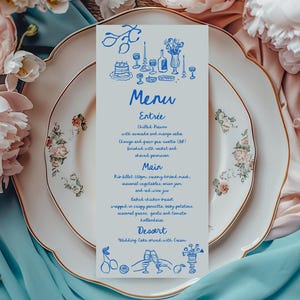 Handgezeichnetes Hochzeitsmenü Mediterran Babyparty Menü, Blaues Italienisches Brautparty Menü, Geburtstagsmenü Menü