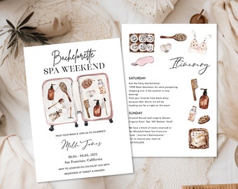 Spa Bachelorette party invitation template & weekend itinerary, pack your bags spa weekend invite, wellness bachelorette invitation