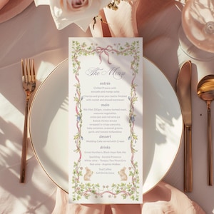 Mall för vintage kanin babyshower-meny, akvarell blommig rosett kanin vårdopbordsdekoration