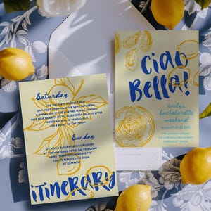 Invitación para despedida de soltera de Ciao Bella, invitación para despedida de soltera con cítricos mediterráneos y limón, itinerario de despedida de soltera italiano de verano dibujado a mano