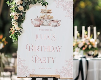 Pink Floral Tea Party Welcome Sign: Whimsical Birthday Garden Party Poster Template