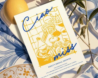Italiaanse uitnodiging voor vrijgezellenfeest Handgetekende citroen Citrus vrijgezellenfeestuitnodiging, handgeschreven mediterrane Dolce Vita Ciao Miss Bridal shower
