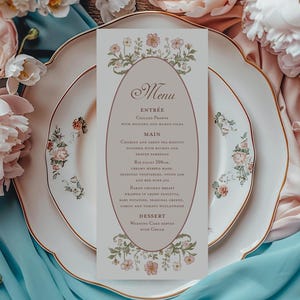 Pink green floral menu Card, Vintage wedding menu template, Bridal shower menu, Birthday dinner party menu, Floral baby shower menu