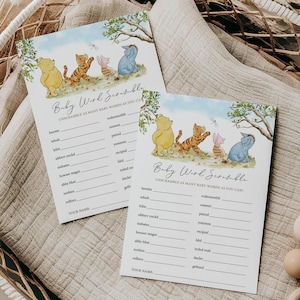 Baby word scramble Winnie the pooh baby shower game Neutral Vintage Pooh bear shower games, baby boy or girl shower decorations