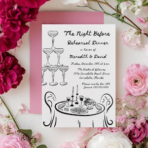 The night before Invitation Rehearsal dinner Invite, Funky hand drawn Champagne tower summer rehearsal dinner party invitation