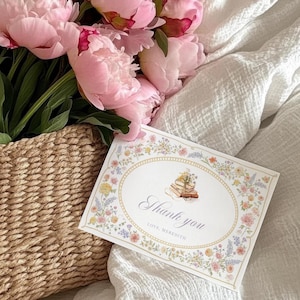 Carte de remerciement livre d'histoires Le nouveau chapitre commence Mot de remerciement pour la baby shower, décoration de shower de bébé sur le thème du livre, carte de remerciement florale d'anniversaire