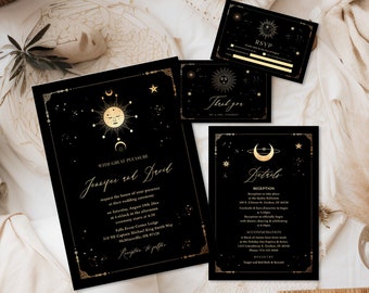 Celestial wedding invitation template, Sun moon stars wedding invite, Art deco Wedding stationary Tarot wedding invitation suite