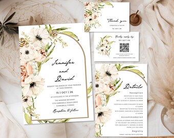 Winter wedding invitation Pink roses anemone wedding invite template, Boho Arch fall floral wedding invitation