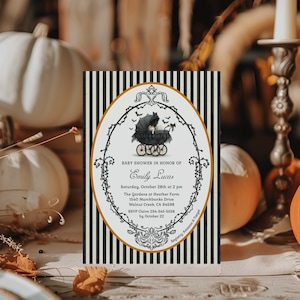 Faire-part de baby shower gothique pour Halloween, chauves-souris neutres pour poussette victorienne, modèle d&#39;invitation à rayures noires