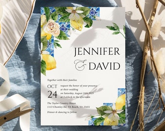 Blue tile lemon wedding invitation Italian Positano wedding invite template, Mediterranean Citrus Amalfi coast wedding invitation