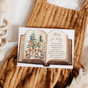 Carte de livres pour bébé Jeu de baby shower des bois Apportez un livre au lieu d'un insert pour carte Demande de livre sur les animaux de la forêt Décoration de fête des bois pour fille garçon