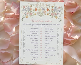 Può includere: Un gioco di baby shower stampabile con un bordo floreale e il testo "Would she rather". Il gioco chiede ai giocatori di scegliere tra due opzioni per ogni domanda, come "Dormire fino a tardi" o "Alzarsi presto".