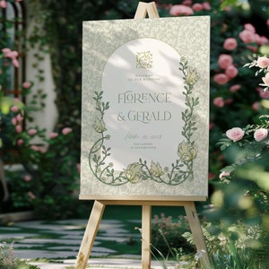 Letrero de bienvenida para boda con diseño floral vintage, letrero de boda con diseño de jardín botánico verde, estilo William Morris - Cartel de bienvenida para boda Art Nouveau
