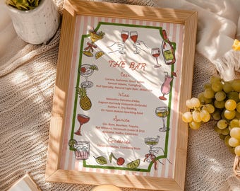Hand-drawn Wedding Drinks bar Sign, Mediterranean Italian Drink menu, Modern Pink striped funky decor