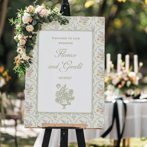 Floral wedding welcome Sign Grandmillennial Wedding decor, Preppy garden wedding party decoration, Vintage Pink green wedding sign