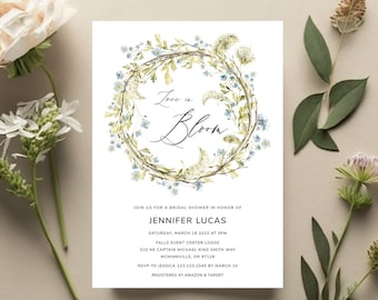 Love in bloom bridal shower invitation spring floral bridal shower invite, boho blue flowers Wildflower bridal shower invitation