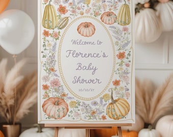 Fall Pumpkin baby shower Welcome sign template, Pastel floral wildflower, Pink Orange Party decoration